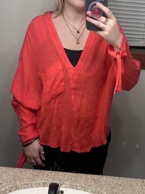 Free People Coral Gauze V-Neck Blouse Tie Sleeve morning Dolman Top Size Small